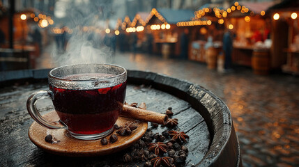 A close-up of a steaming cup of mulled wine gluhwein on a wood