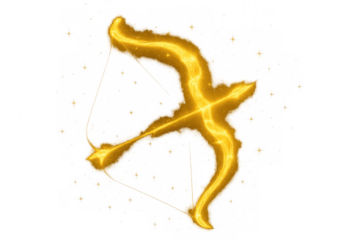 Golden bow and arrow forming sagittarius zodiac sign and astrology symbol, glowing with magical light on transparent background