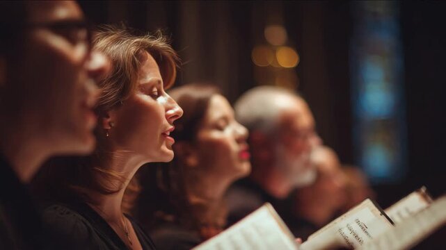A choir performs, singing with passion from sheet music in a concert setting.