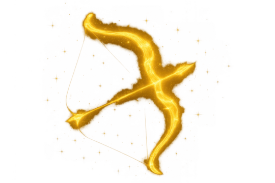 Golden bow and arrow forming sagittarius zodiac sign and astrology symbol, glowing with magical light on transparent background