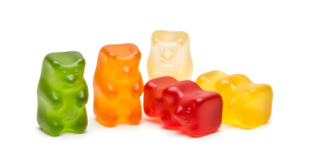 Colorful gummy bears in various flavors on white background  