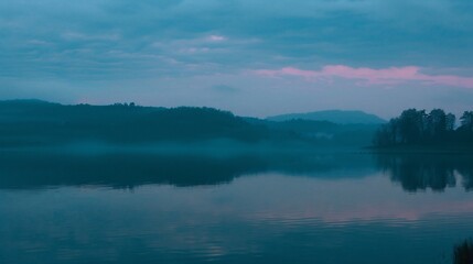 Obraz premium Misty lake at dawn reflects purple-tinged sky, with distant hills and trees shrouded