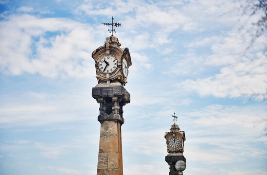 clock towers, known as "Kontxako Erlojuak," located on the La Concha promenade in San Sebasti&aacute;n, Spain, Europe