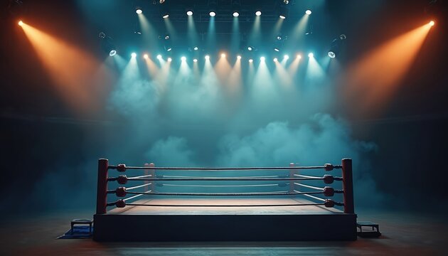 Empty boxing ring interior with bright stage lights and smoke. Arena awaits athletes for combat sport match or championship event. Professional fight competition training space.