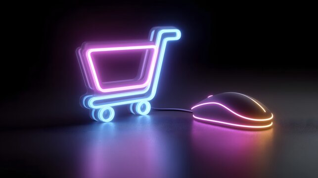 Neon shopping cart and computer mouse on dark background AI Generated
