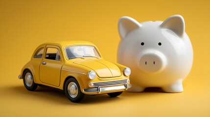 Yellow toy car next to a piggy bank on a yellow background financial concept AI Generated