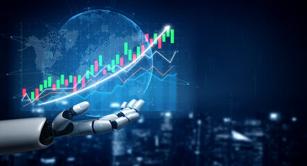 A stunning depiction of a robotic hand presenting an advanced financial graph, symbolizing the...