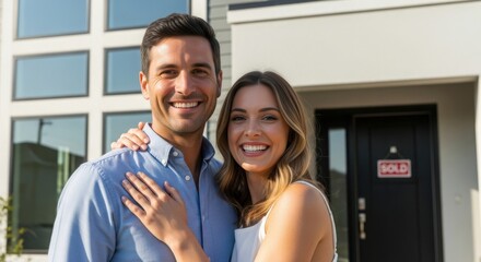 Happy couple celebrating home purchase in front of sold house
