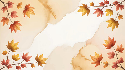 Watercolor Autumn Maple Leaves Border Background, Fall Season Invitation Card Frame Template, Elegant Handpainted Golden Foliage Background, Soft Watercolor Abstract Autumn Branch Header