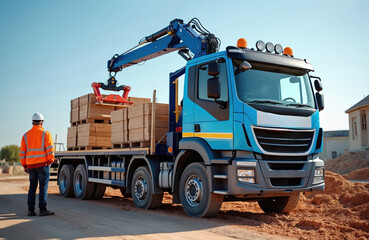 Blue crane lorry delivers building materials on wooden pallets to construction site. Worker in safety gear observes truck offloading supplies. Heavy vehicle carries goods for property development,