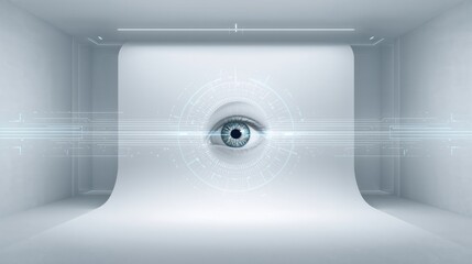 Abstract eye overlaid with digital network, set against a minimalist studio backdrop.