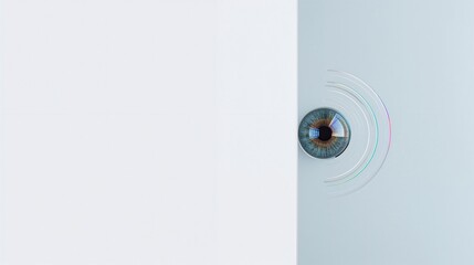 Eye on white and light blue background, half visible with partial arcs of colors above eye.