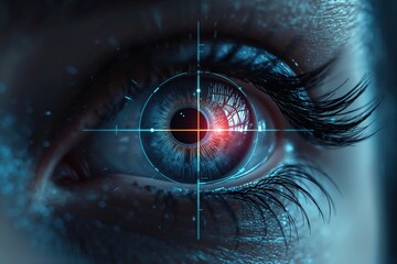 A close-up of an eye with a digital target overlay, symbolizing focus, precision, and futuristic vision.