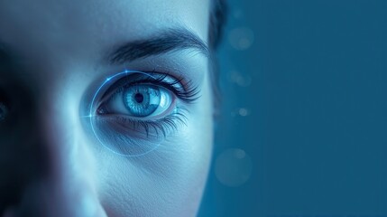 Close-up of a vivid blue eye with a targeting interface highlighting its intricate details.