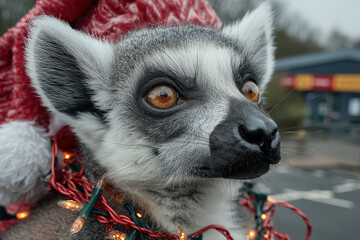Obraz premium A lemur in Santa hat with striped tail wrapped in Christmas lights