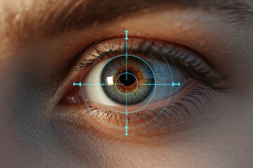 Close-up of human eye with target symbol overlay. Focus on vision, security, or identity.