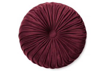 Round velvet burgundy throw pillow with tufted design on transparent background, offering home decor and comfort elements