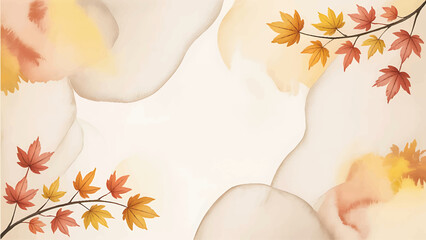 Soft Watercolor Autumn Leaves Frame Background, Elegant Pastel Maple Foliage Seasonal Border, Abstract Fall Watercolor Design Template, Hand-Painted Autumn Banner with Soft Maple Branches