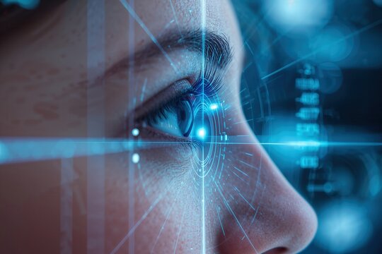 Close-up of an eye with digital interface elements, suggesting a futuristic or biometric theme. - Powered by Adobe