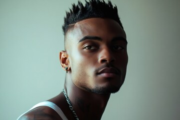 Obraz premium Young Black man posing for a portrait, featuring a modern high top fade haircut and a focused expression