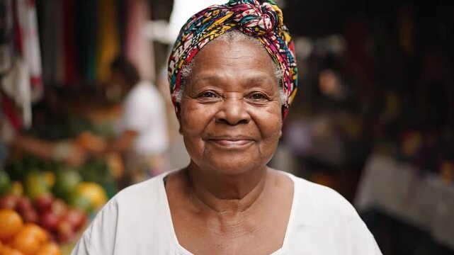 Portrait of a senior Afro-Brazilian woman smiling warmly at a market