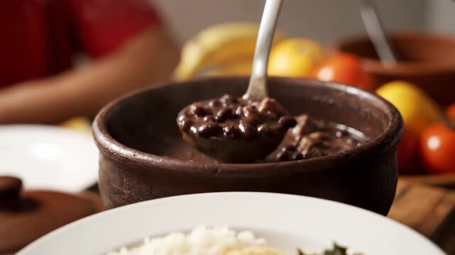 Serving a delicious bowl of feijoada at a family lunch in Brazil