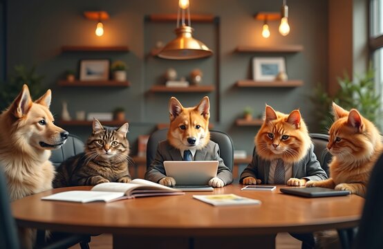 Dog and cats wearing suits attend business meeting. Animals sit around table in office, one dog uses laptop. Teamwork concept, office humor, anthropomorphic pets.