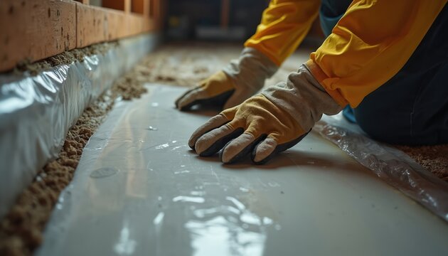 Worker installs vapor barrier in crawlspace wearing gloves, yellow work clothes. Moisture control keeps homes dry. Renovation worker improving energy efficiency in building foundation. Contractor