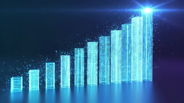 Digital glowing cyan bar chart with rising columns on dark blue background. Business growth statistics visualization, financial data analytics with neon light effect. Technology driven performance