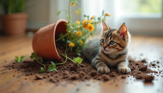 Cute tabby kitten lies on light wood floor. Overturned terracotta flower pot with soil, yellow blooming plant spill on ground. Playful curious pet made dirty indoor mess inside modern apartment,