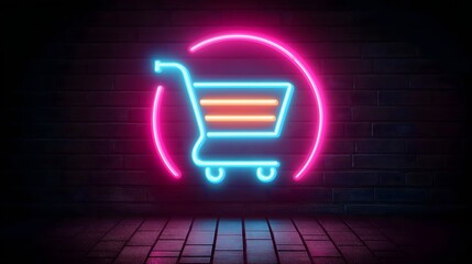Neon shopping cart sign on brick wall futuristic ecommerce AI Generated