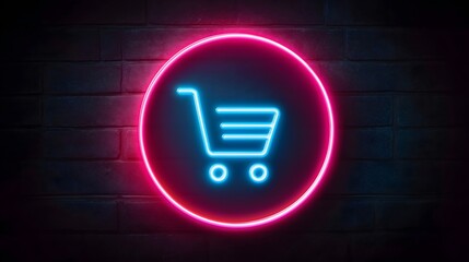 Neon shopping cart sign on a brick wall on dark background AI Generated