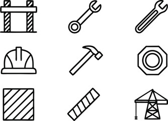 Fototapeta premium Set of Construction and Industrial Tools and Elements in Outline Style icon symbol