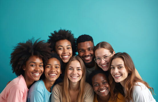 Group of diverse young people smiles at camera on blue backdrop. Multiethnic friends show friendship, laugh together. Team portrait of international students. Joyful women, man represents racial