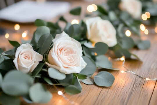 Elegant floral garland featuring pink roses, eucalyptus leaves, and twinkling string lights arranged on a wooden table