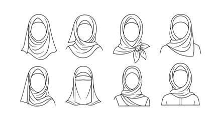 Collection of eight diverse white line art illustrations of women wearing various styles of hijabs and niqabs, set against a black background, showcasing cultural modesty and fashion diversity in