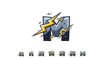 Dynamic Letter M Logo with Electric Lightning Strikes and Jagged Edges, Representing Power, Energy, and Speed, Ideal for Gaming Brands and Technology Companies, Bold Graphic Design Element with a