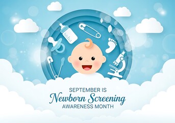 Newborn screening awareness month poster with baby and medical icons