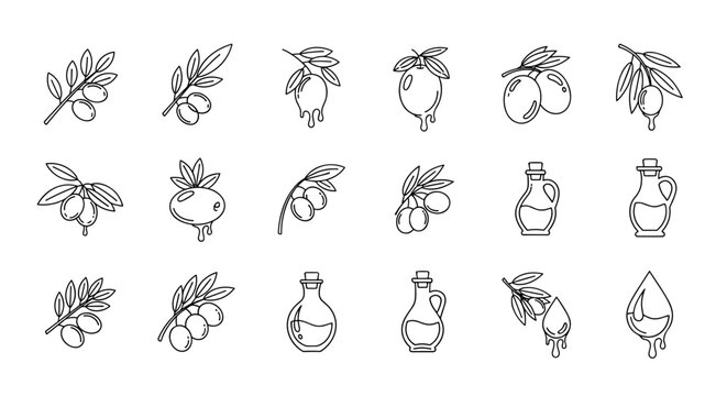 A collection of minimalist line art icons and illustrations featuring olive branches with olives and bottles of olive oil, perfect for food and beverage branding, culinary websites, and healthy