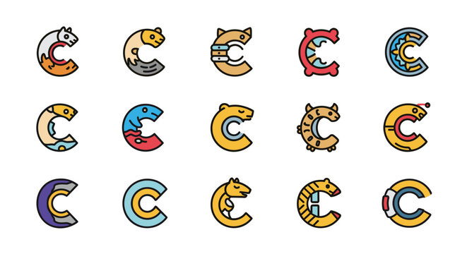 A vibrant collection of stylized letter C icons, each creatively designed to incorporate animal motifs, abstract patterns, and geometric elements, presented on a stark black background for maximum