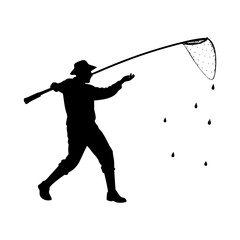 Fototapeta premium Silhouette of a person catching raindrops with a net
