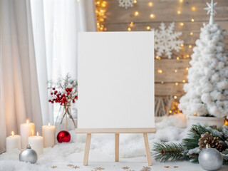 Christmas Winter Sign Mockup with Blank Canvas on Easel, Festive Holiday Interior with Lights and Decor