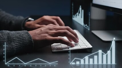 Professional analyzes financial data at computer workstation with holographic charts and graphs overlay. Business analytics dashboard displays growth metrics, statistics, and performance trends. - Powered by Adobe
