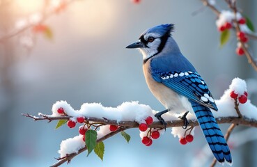 Blue jay rests on a snow covered branch with red berries. Bird has bright blue feathers and black markings. Focus is on wild animal in winter nature.