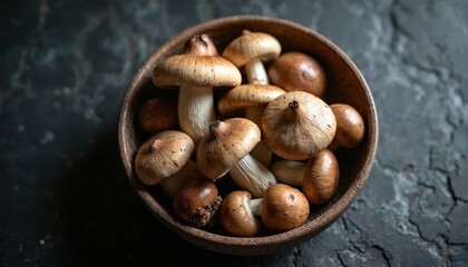 Assortment of fresh wild mushrooms in rustic bowl. Natural organic fungi, edible forest harvest ready for cooking. Autumnal ingredient for healthy meals.