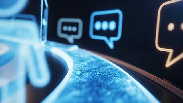 Digital communication pathway with glowing social media icons and chat bubble symbols. Online messaging interface concept with speech bubbles for networking, interaction and virtual conversation.
