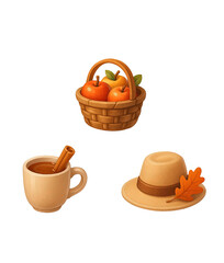 3d Apple Basket, Drink Mug, and Hat Illustration