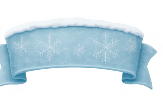 Blue winter ribbon banner with snow and snowflakes, showing cold season holiday design elements