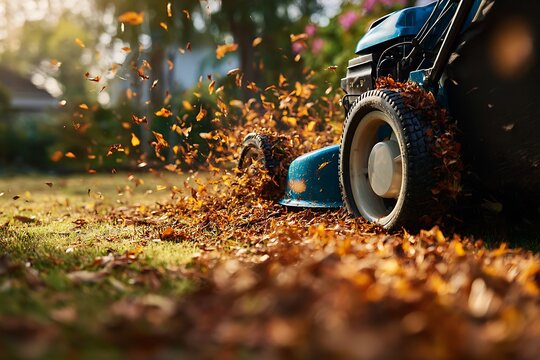 A close-up shot of a lawn mower actively clearing a vibrant carpet of fallen autumn leaves in a sunny garden.