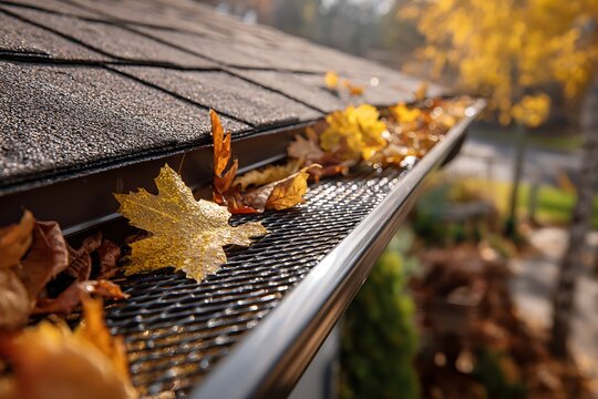 A close-up view of a house gutter with a leaf guard, covered in vibrant wet autumn leaves.